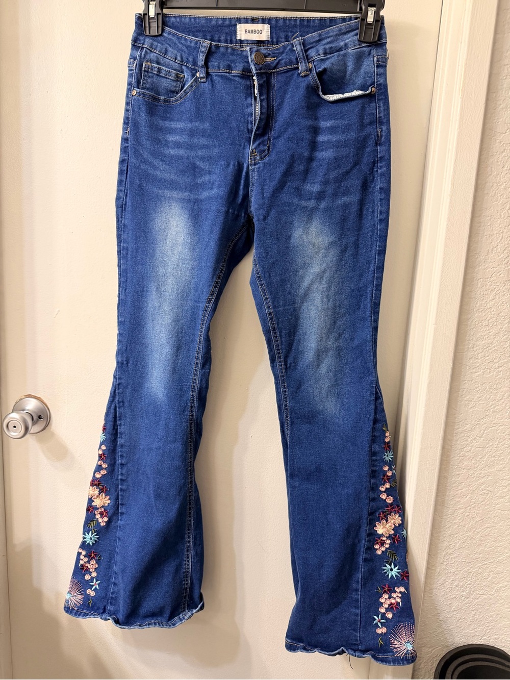 BAMBOO Blue Flare Jeans with Floral Embroidery